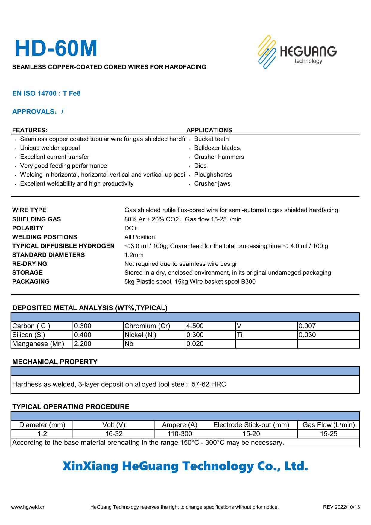 HD-60M Seamless Flux Cored Wire (Hardfacing) Specifications