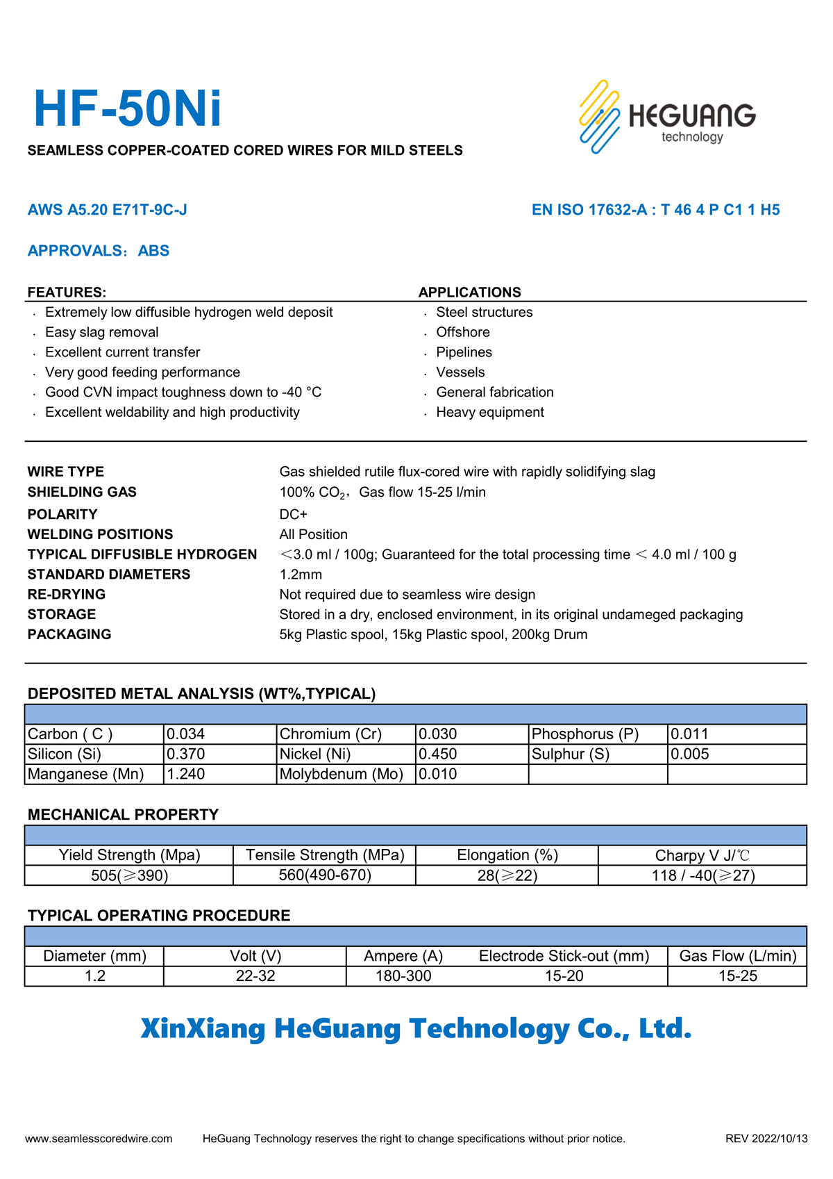 HF-50Ni Seamless Flux Cored Wire Specification