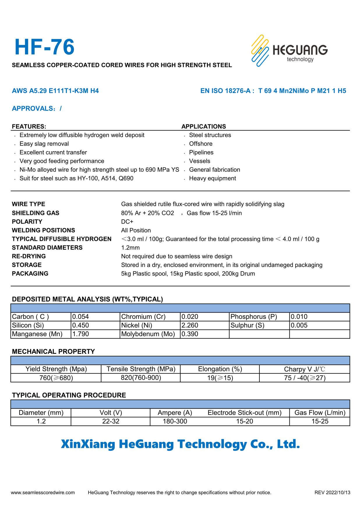 HF-76 Seamless Flux Cored Wire (FCAW) Specifications