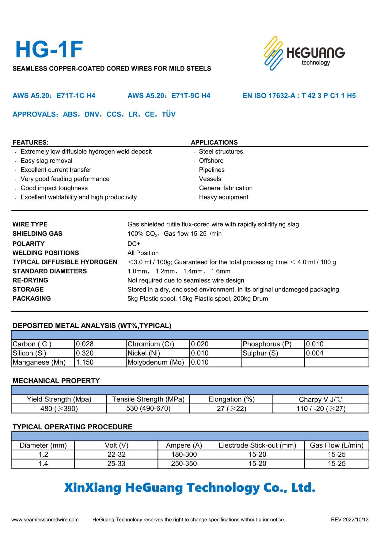 HG-1F Seamless Flux Cored Wire Specification