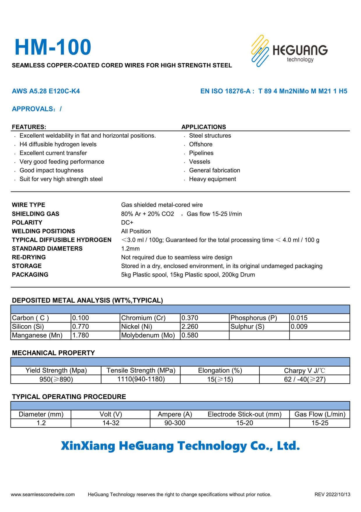 HM-100 Seamless Meatl-Cored Wire Specification