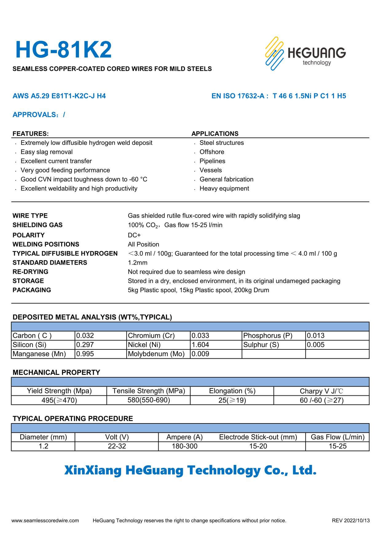 HG-81K2 Seamless Flux Cored Wire Specification