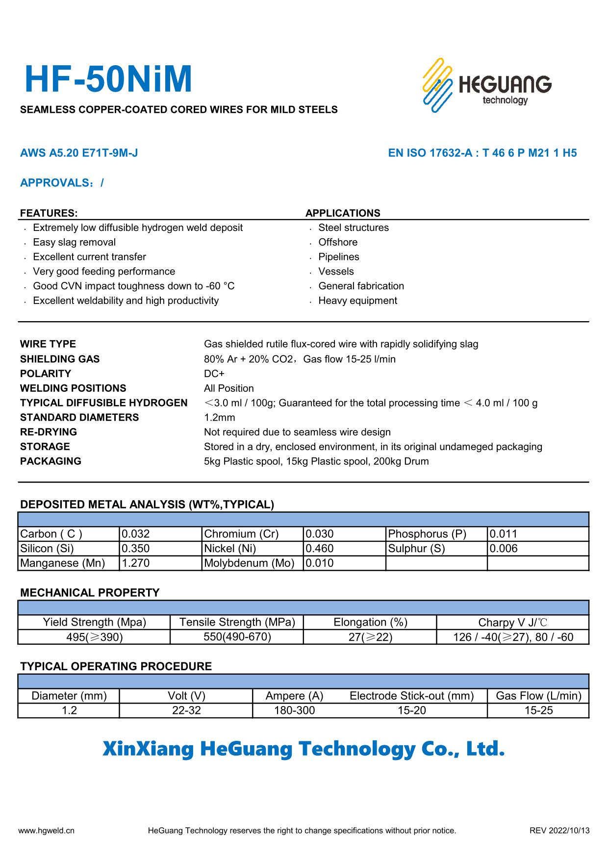 HF-50NiM Seamless Flux-Cored Wire Specification